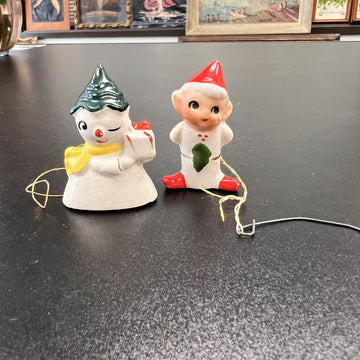 Holt Howard Porcelain Mini Winking Pixie Elf & Snowmen Ornaments Set Of 2 Vintag