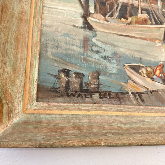 Vintage WALT LEE Oil on Canvas / Fiberboard Painting Monterey Boat Pier 21"x18"