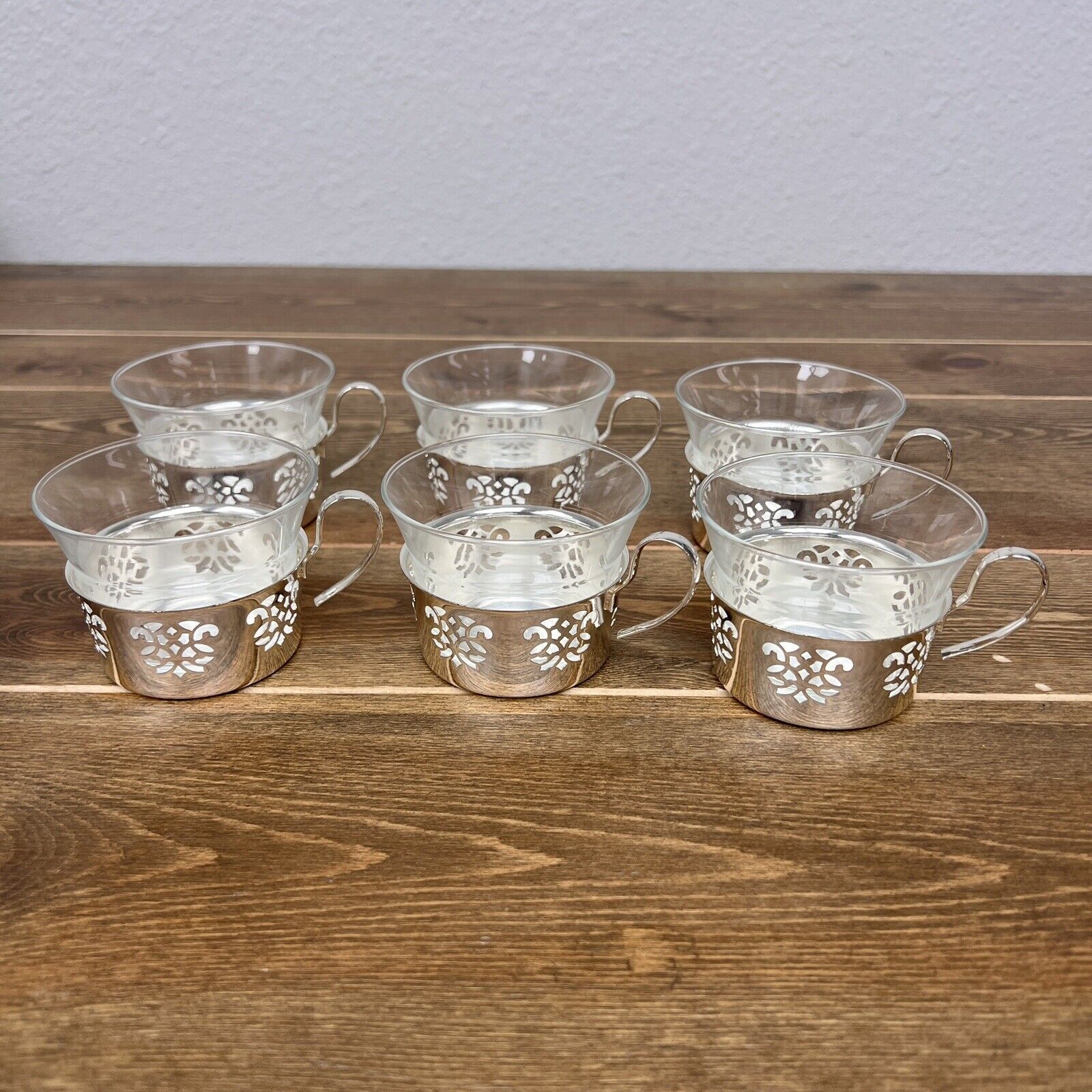 BMF Germany Silver Plate Tea Set Glass Cups Holders Tray VTG Set Of 6 Box