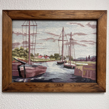 Vintage 1979 Embroidered String Sailing Boat Scene Framed Signed "LM"