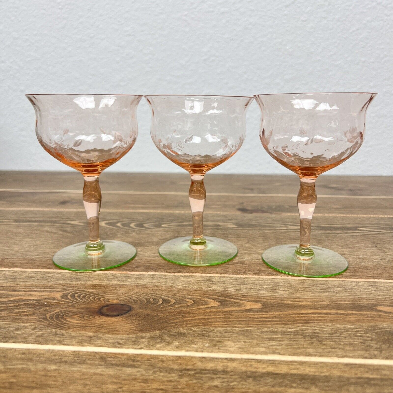 Pink Ribbed Etched Watermelon Green Uranium Base Set/3 Sherbet Glasses