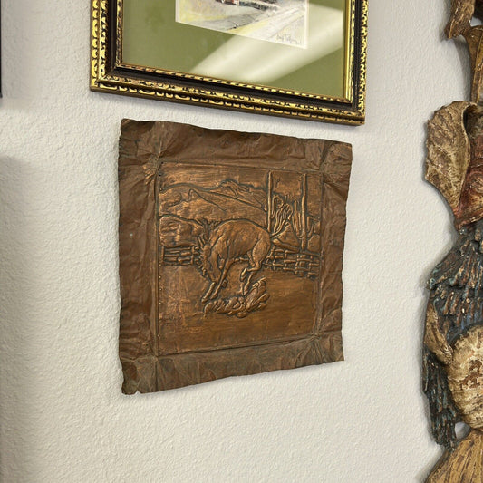 Hammered Copper Art Deco Cowboy’s Horse Wall Hanged Vintage Decor 11x11 inch