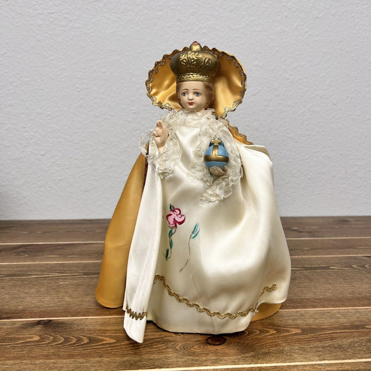 VTG JESUS INFANT Of PRAGUE Chalk Ware Religious Statue Gold Lace Vestments 12”