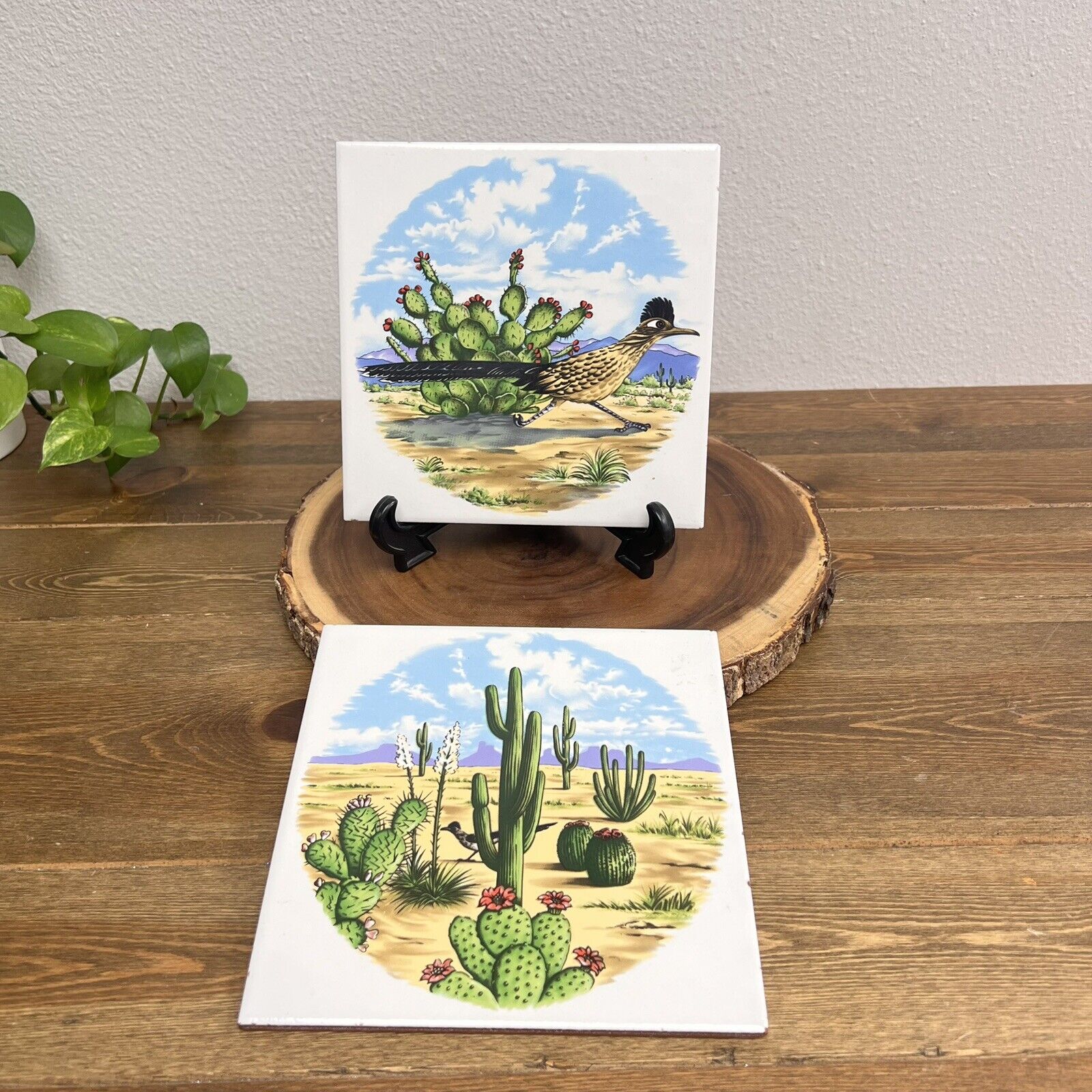 Vintage Roadrunner And Cactus Ceramic Art Tile Set Of 2