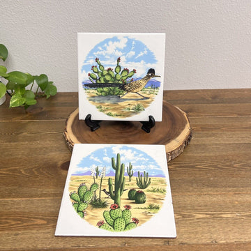 Vintage Roadrunner And Cactus Ceramic Art Tile Set Of 2