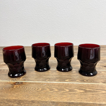 4 Vintage Ruby Red Georgian Honeycomb Viking Glass Lowball Tumblers 8 Oz