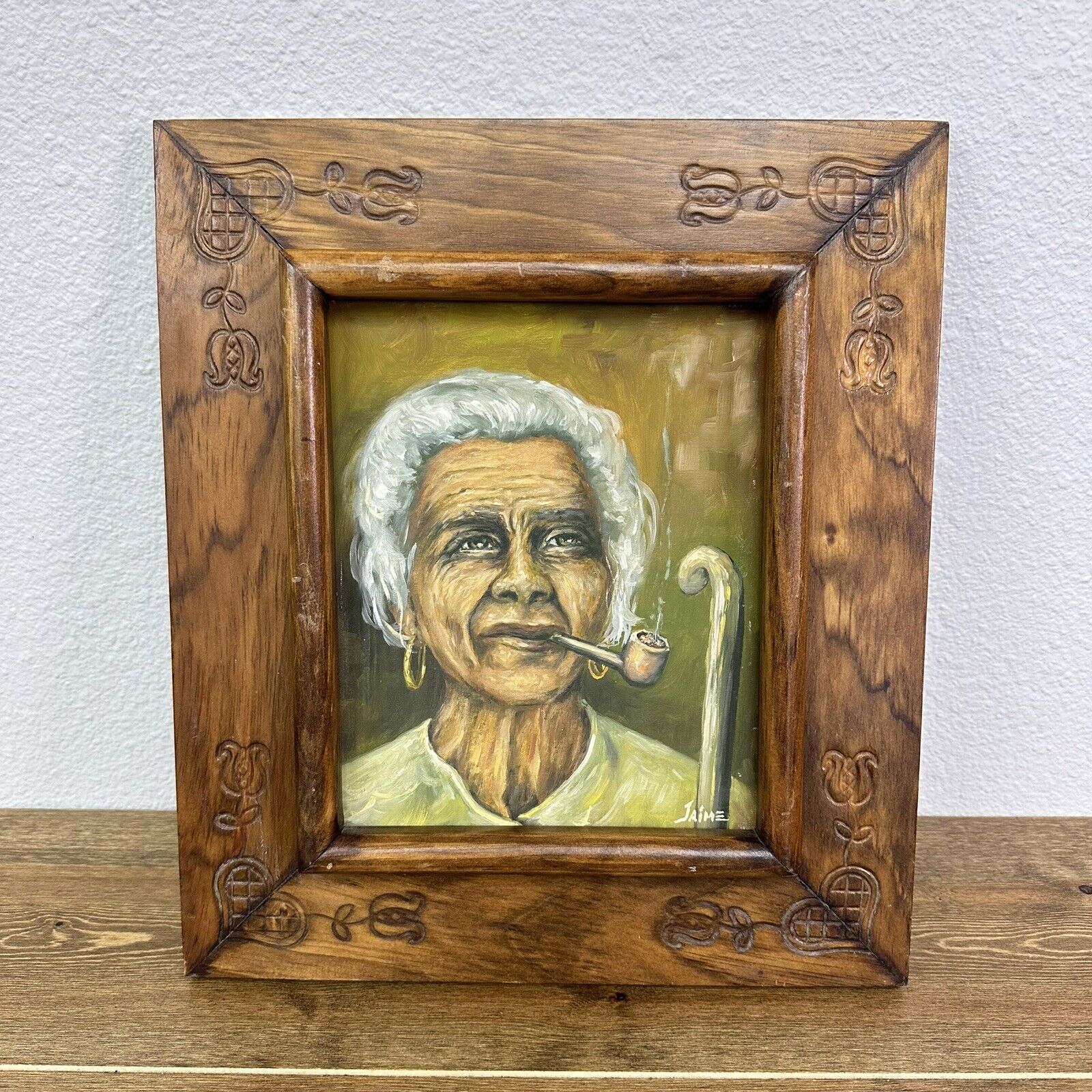 Vintage Old Lady Smoking Pipe Wood Framed Oil Painting Chavela Vargas Vibes