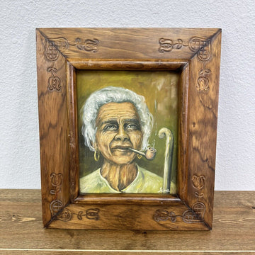 Vintage Old Lady Smoking Pipe Wood Framed Oil Painting Chavela Vargas Vibes