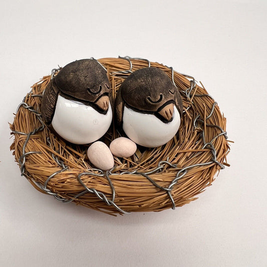 CASALS PERU Pottery Pair Clay Birds Nest With Eggs  Vintage  Folk Art Figurines