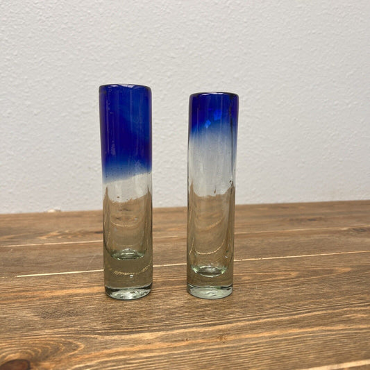 Mexican Hand Blown Heavy Tequila Shot Glasses Clear w/ Cobalt Blue Rim Xl Set 2