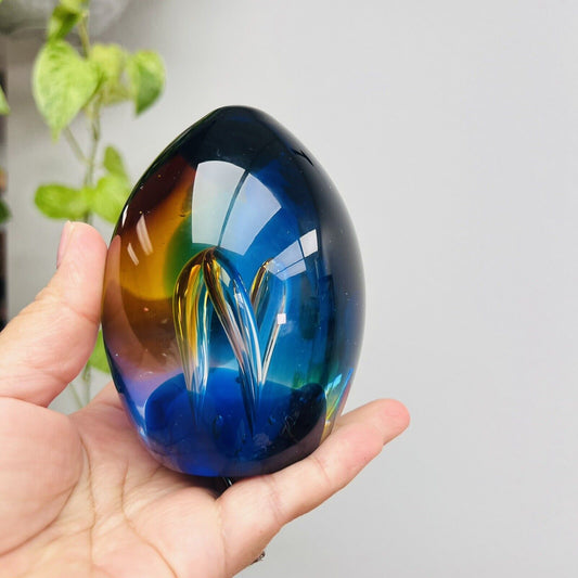 Murano Style Oval Egg Shaped Hand Blown Art Glass Paperweight Teardrops Bubbles