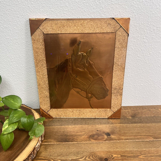 Vintage Hammered Copper Horse Head Wall Plaque in Custom Glass Frame 12"x14"