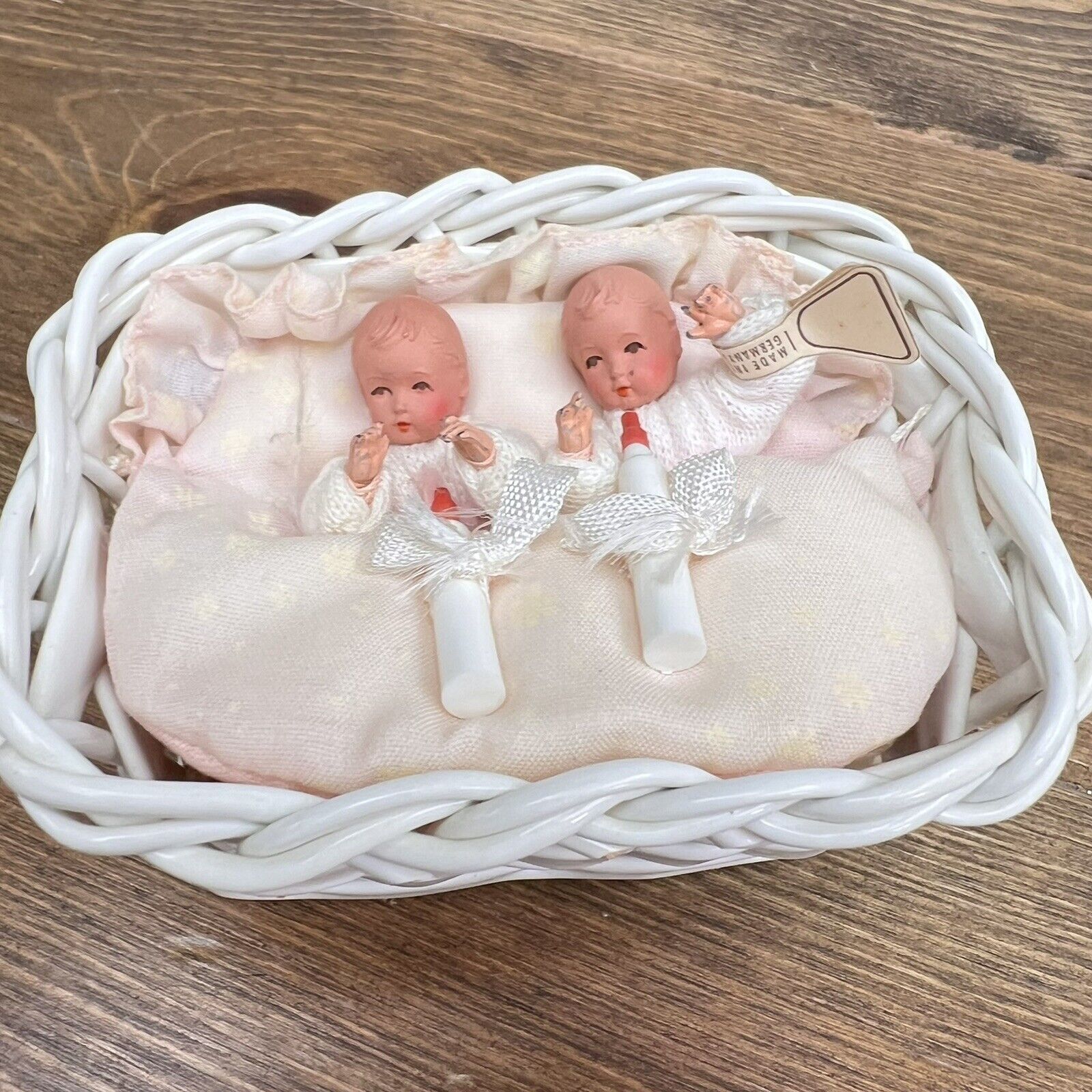 Vintage 40s? CACO Baby Twins Babys Dollhouse Wicker Carriage German