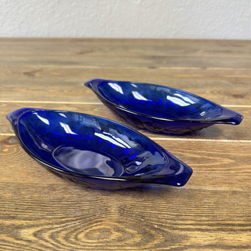 Cobalt Blue France Glass Banana Split Boat Set of 2 Vintage with Fruit Pattern