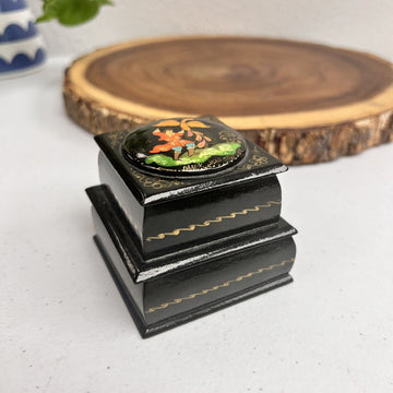 Vintage Russian Black Lacquer Wooden Double Deck Trinket Box Hand Painted