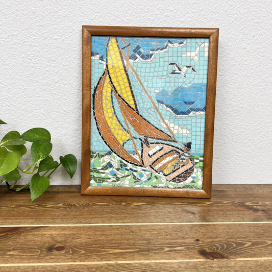 Sail Boat Vintage 1960’s Mosaic Tile Wall Art Framed Boat In Ocean Decor 11"x14"