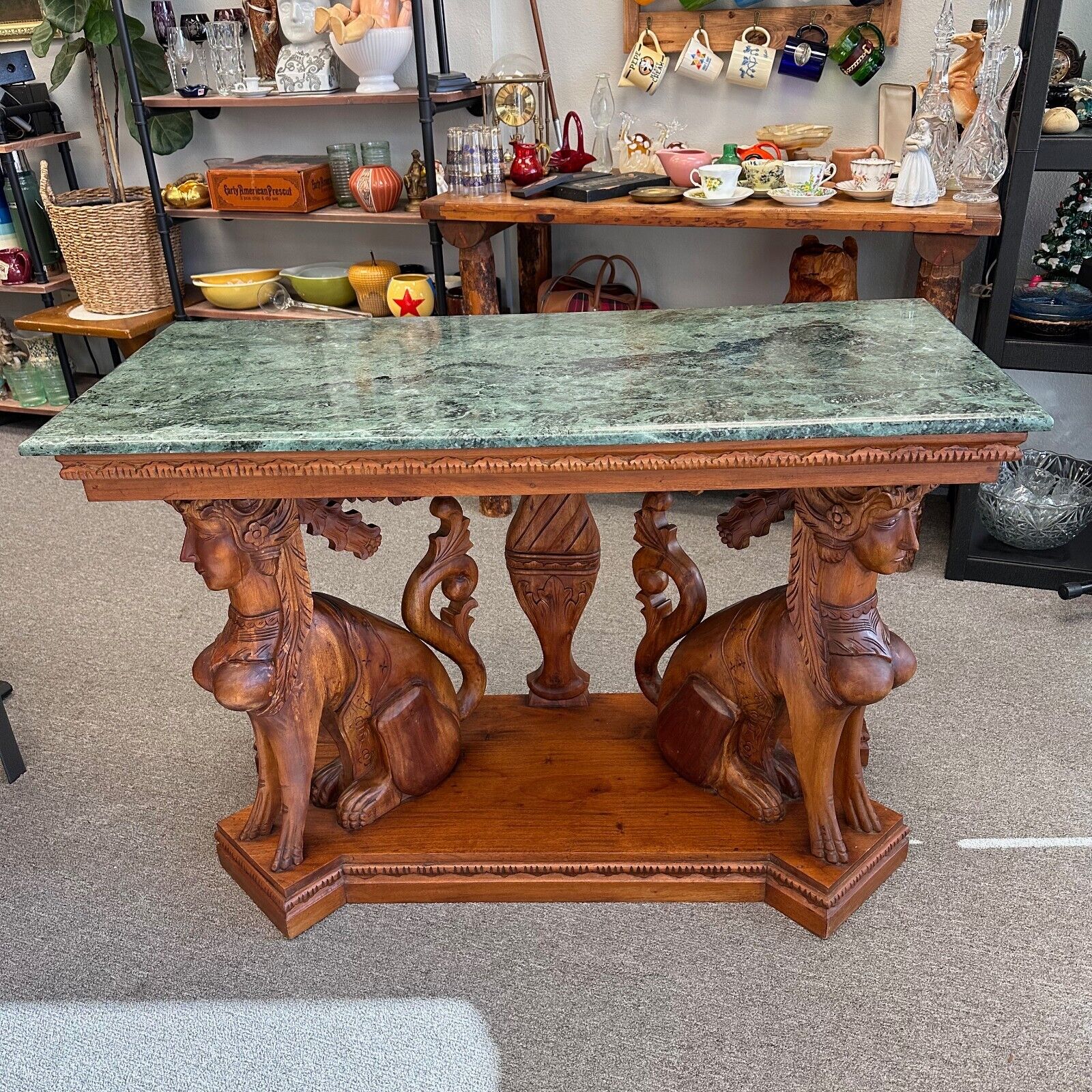 Antique Neoclassical Carved Wood Wall Table w/ Sphinx Pillared Base & Marble Top