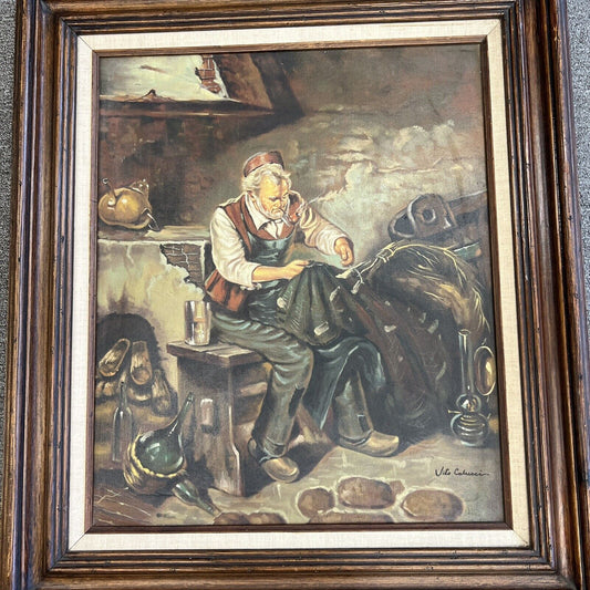 Vintage Vito Calucci Signed Framed Oil Canvas Painting Man Making Fisherman Nets