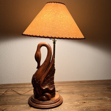 Vintage 1988 Swan Sculpture 30" Carved Heavy Oak Wood Table Lamp Bella Lighting