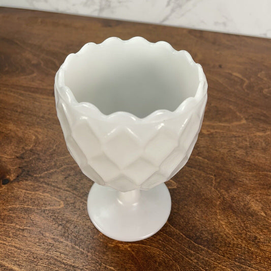 Vintage White Milk Glass Goblet Candy Dish Vase Urn Stemmed with Diamond Pattern