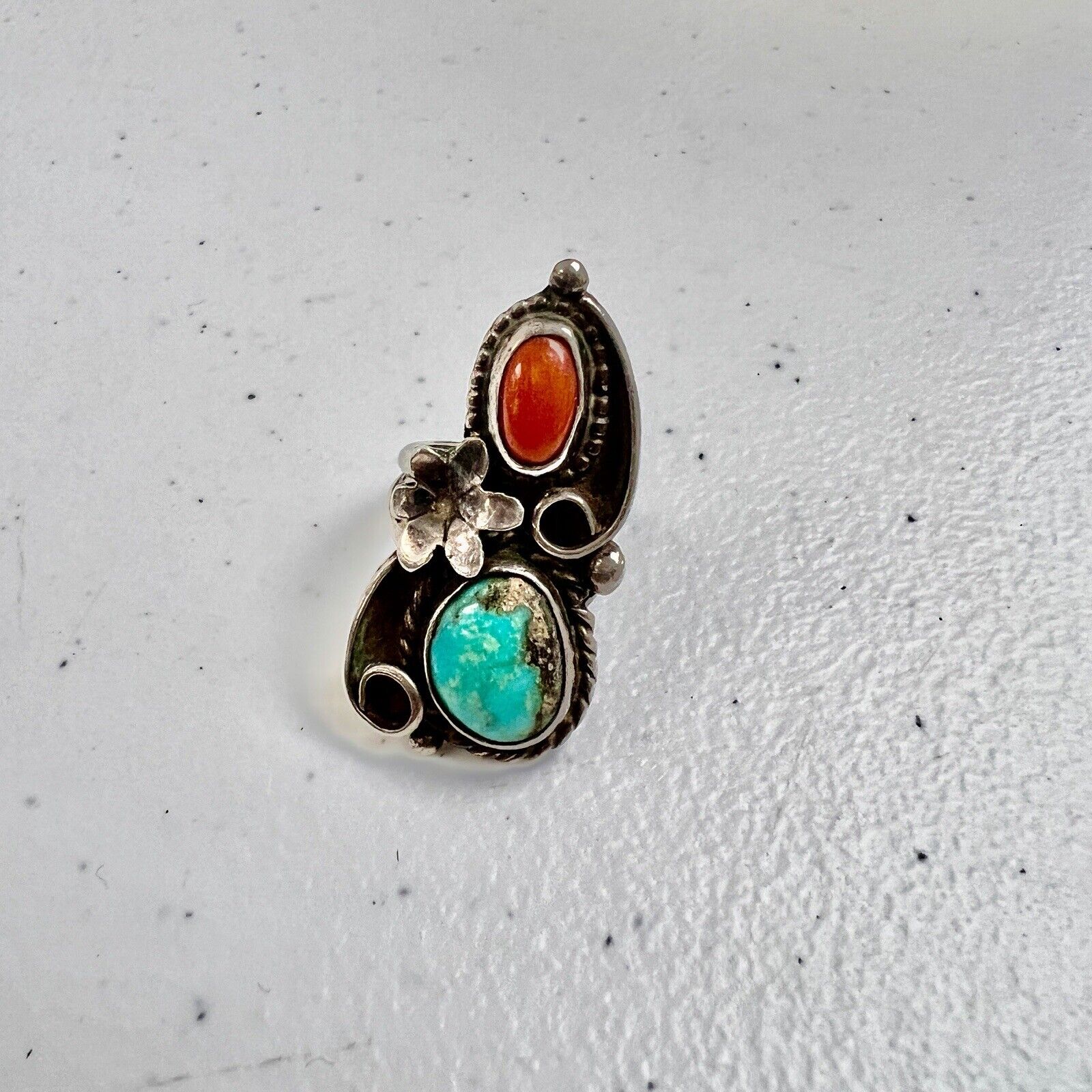 Vintage Ring Silver Turquoise & Coral Ring Sz 4.5