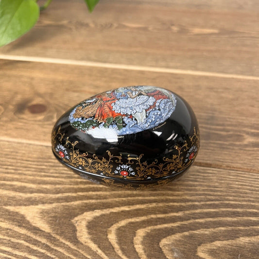 Vintage Porcelain black egg music box"Swan Lake"hand painted P. Tianex Russian