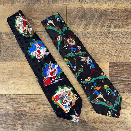 Pair of Neckties Vintage 1995 Looney Tunes Mania Golf Theme Bugs Bunny Ties Silk