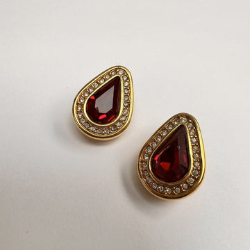 80's S.A.L. Swarovski Earrings Clip-On Red Crystal Tear Drop Gold Tone Vintage