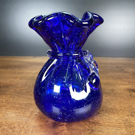 Blue Cobalt Blown Art Glass Vase Smooth Design Fluted Ruffled