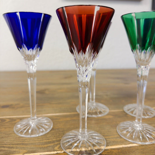 Qty 7 - Ajka Hungary Castille Cut to Clear Multi Colored Cordial Stem Glasses