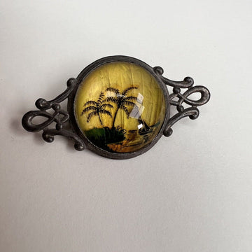 Vintage Bubble Reverse Painted Glass Tropical Palm Tree Brooch Pin