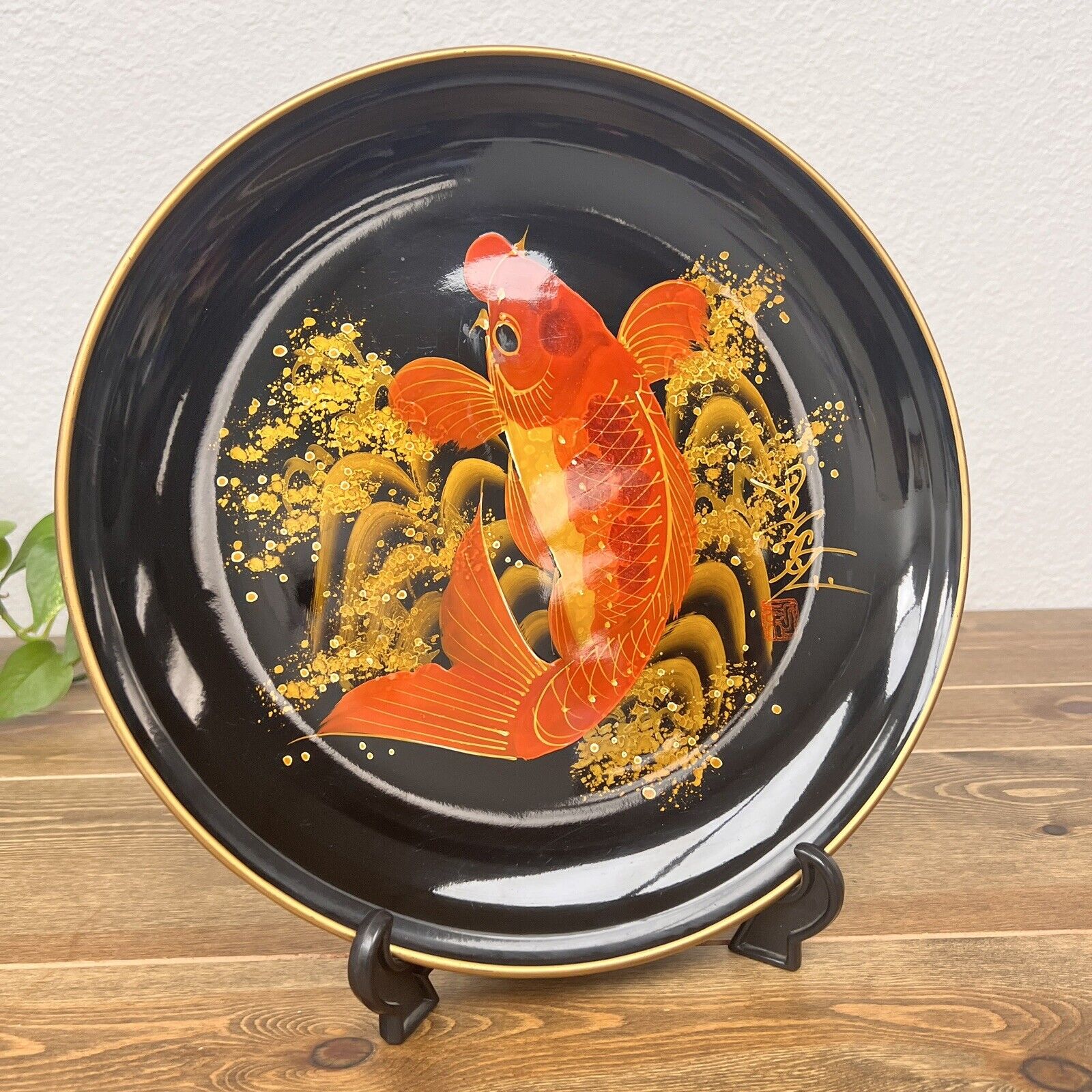 Japanese Lacquer Replica Large Serving Tray Vintage Koi Carp Obon Black