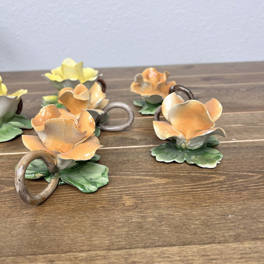 Capodimonte Candle Holder Pink Roses Signed Set Of 6 Made In Italy