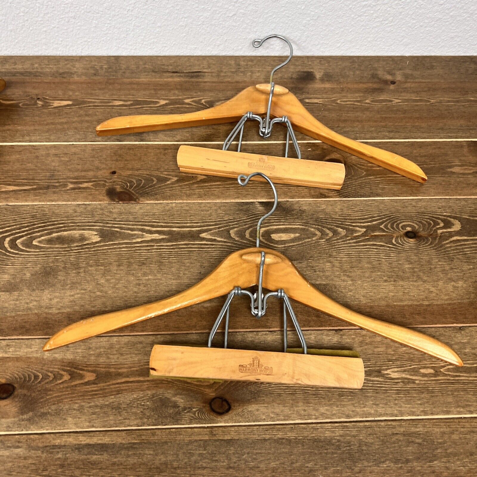 2 Vintage Harmony House Wood Suit Clothes Hangers Clamp Jacket Trousers Skirt