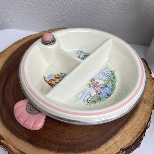 Vintage Little Bo Peep Cat Dog Hot Water Divided Baby Warming Feeding Dish