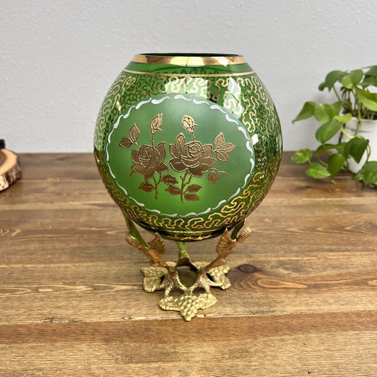 Vintage Bohemia Crystal Painted Rose Bowl green With Brass Angels Holder Vase