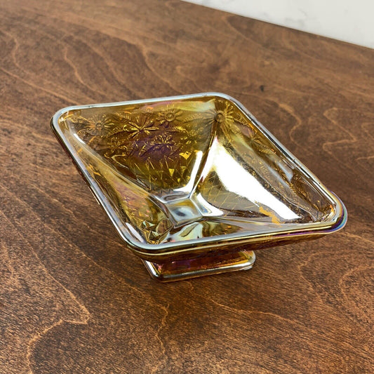 Vintage Indiana Carnival Glass~Iridescent Amber~ Diamond Shaped Footed Dish