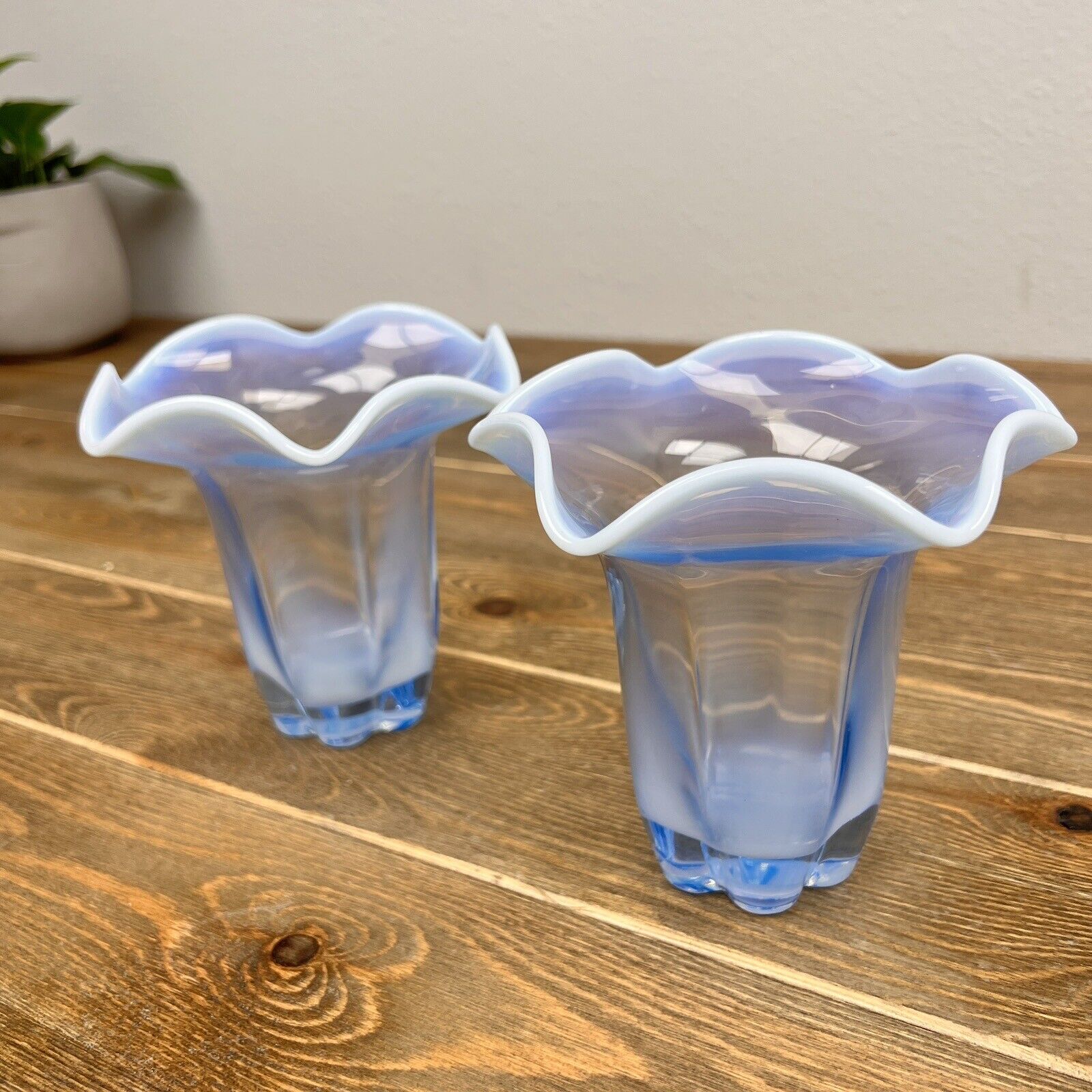 Vintage Duncan Miller Canterbury Blue Opalescent Fluted Ruffled Vase 5" Set Of 2