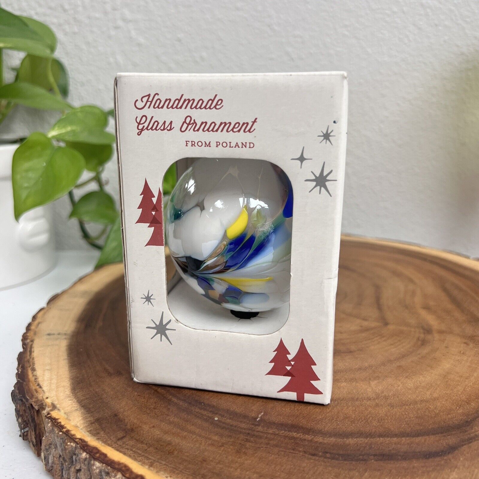 Huta Szkla Zorza MouthBlown Glass Splatter Ball Christmas Ornament Poland Blue