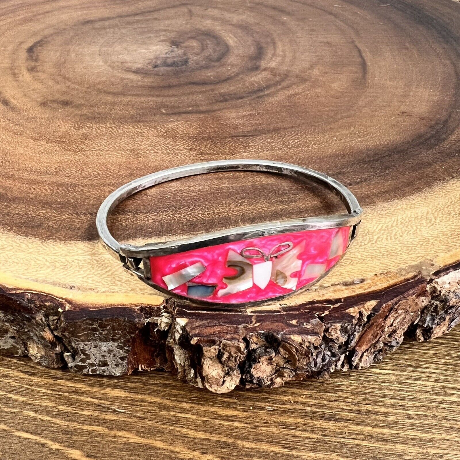 Mexico Alpaca Pink Red Enamel Mother of Pearl Shell Cuff Bangle Bracelet