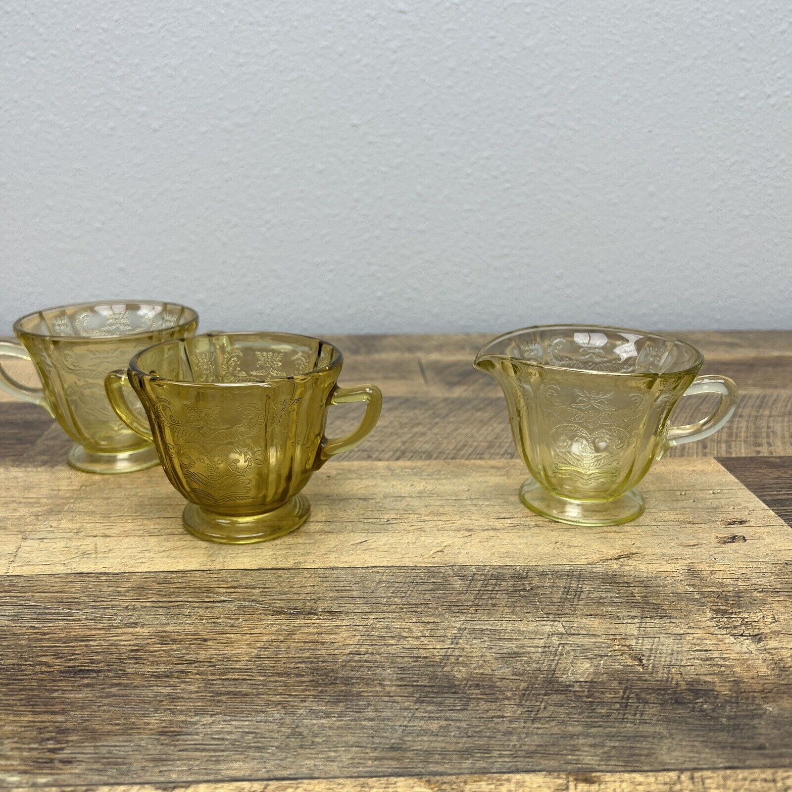 Federal Amber/Yellow Depression Glass Madrid Style Cream and Sugar Vintage Set 3