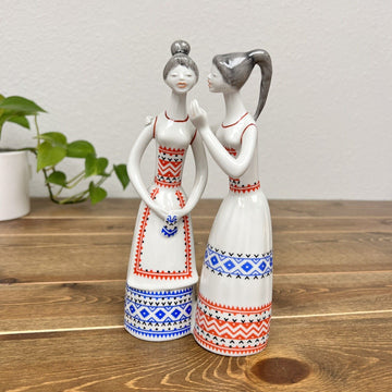 Hollohaza Hand Painted Porcelain Figurines, Two Women, Hungary