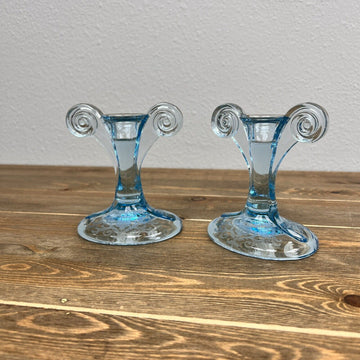 Vintage Fostoria Versailles Blue Pair Scroll Candle Holders Set Of 2 Vintage