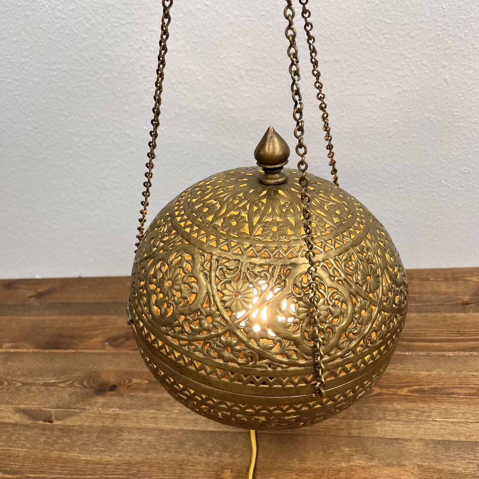 1960s Moroccan Indian Pierced Brass Pendant  Lamp MCM Mid Century