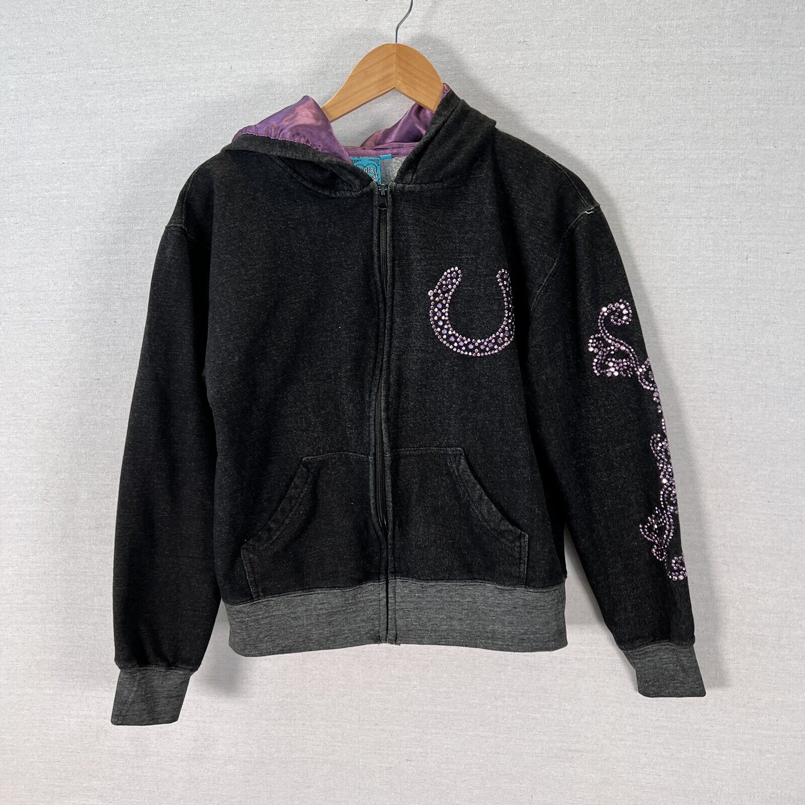 Girls Bedazzled Cowgirl Hardware Jacket Size Medium Black & Purple Hoodie