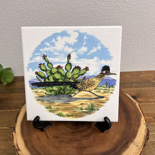 Vintage Roadrunner And Cactus Ceramic Art Tile Set Of 2