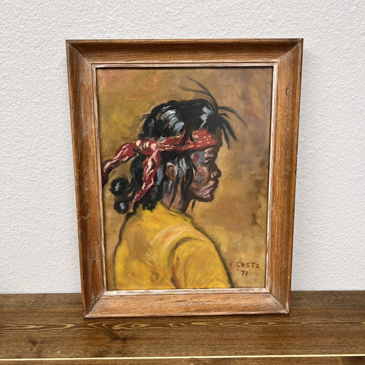 Native American Indian Portrait Tribal Young Boy Signed By E. Costa 1971 Vintage