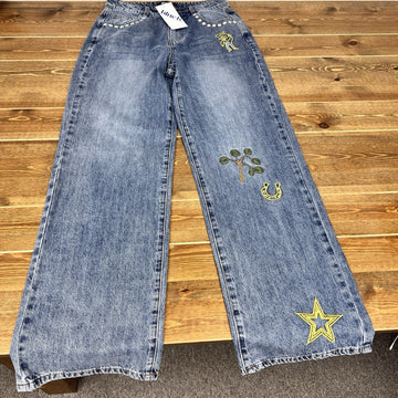 Embroidered Mid Rise Straight Jeans Size M Western