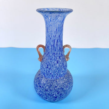 Murano Scavo Style Textured Amphora Blue White Glass Vase w/ applied handles