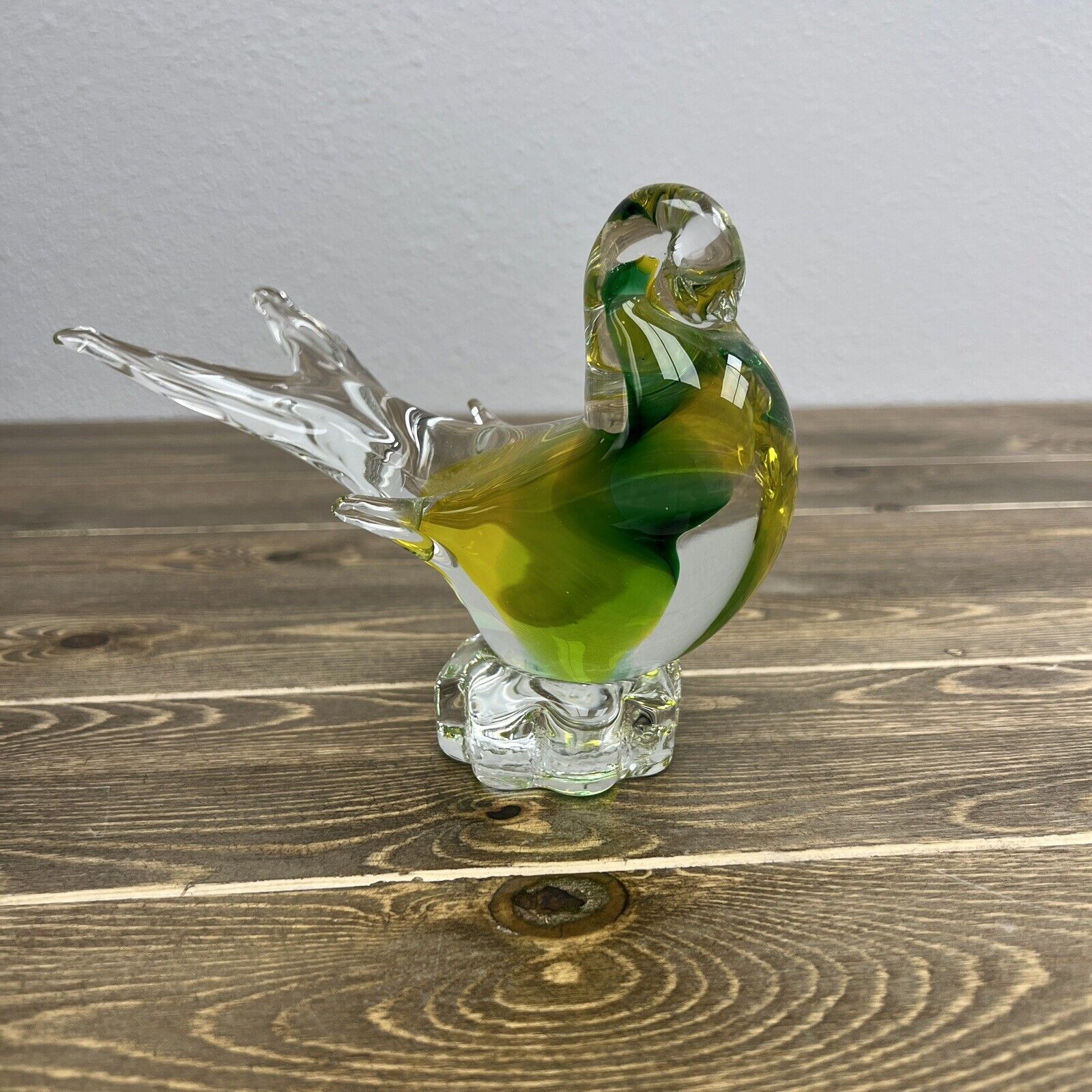 Murano Bird Yellow/ Green Glass Clear Tail